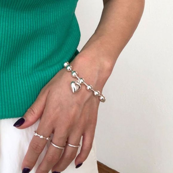 925 Sterling Silver Chunky Silver Heart Beaded Bracelet Statement Bead Bracelet - Picture 3 of 4